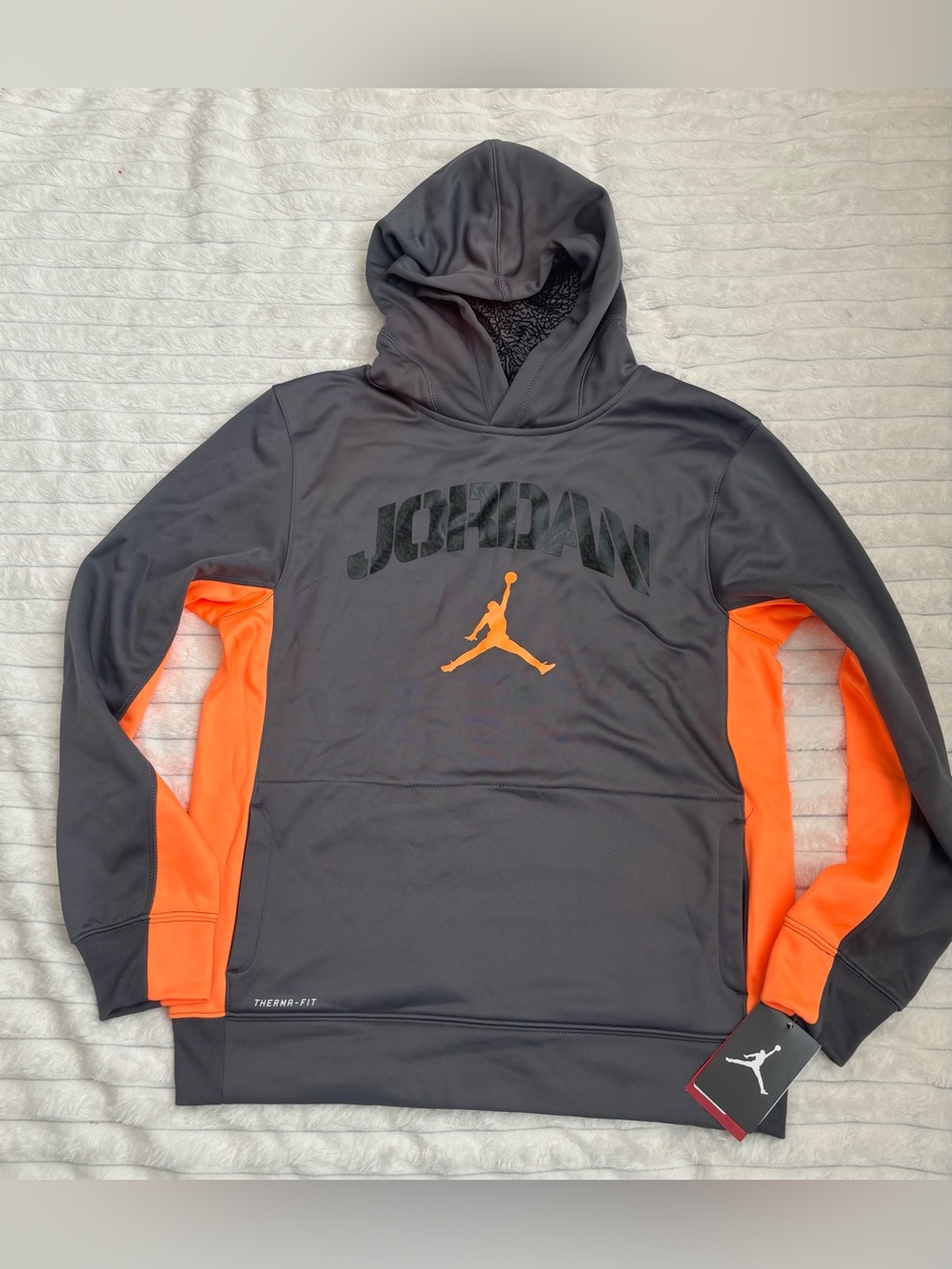 Kids Jordan Gray Hoodie with Bright Orange Accents